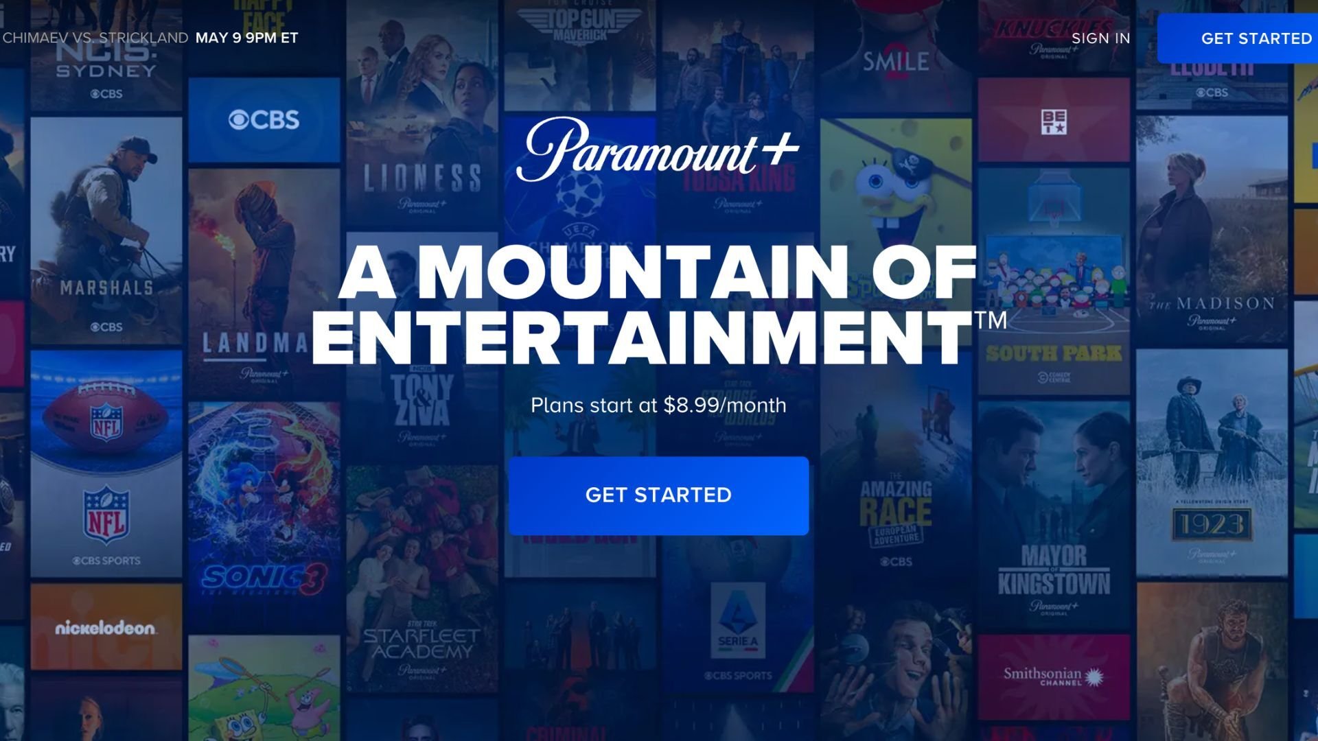 Paramount Plus homepage showing a mix of kids shows and general entertainment content for families