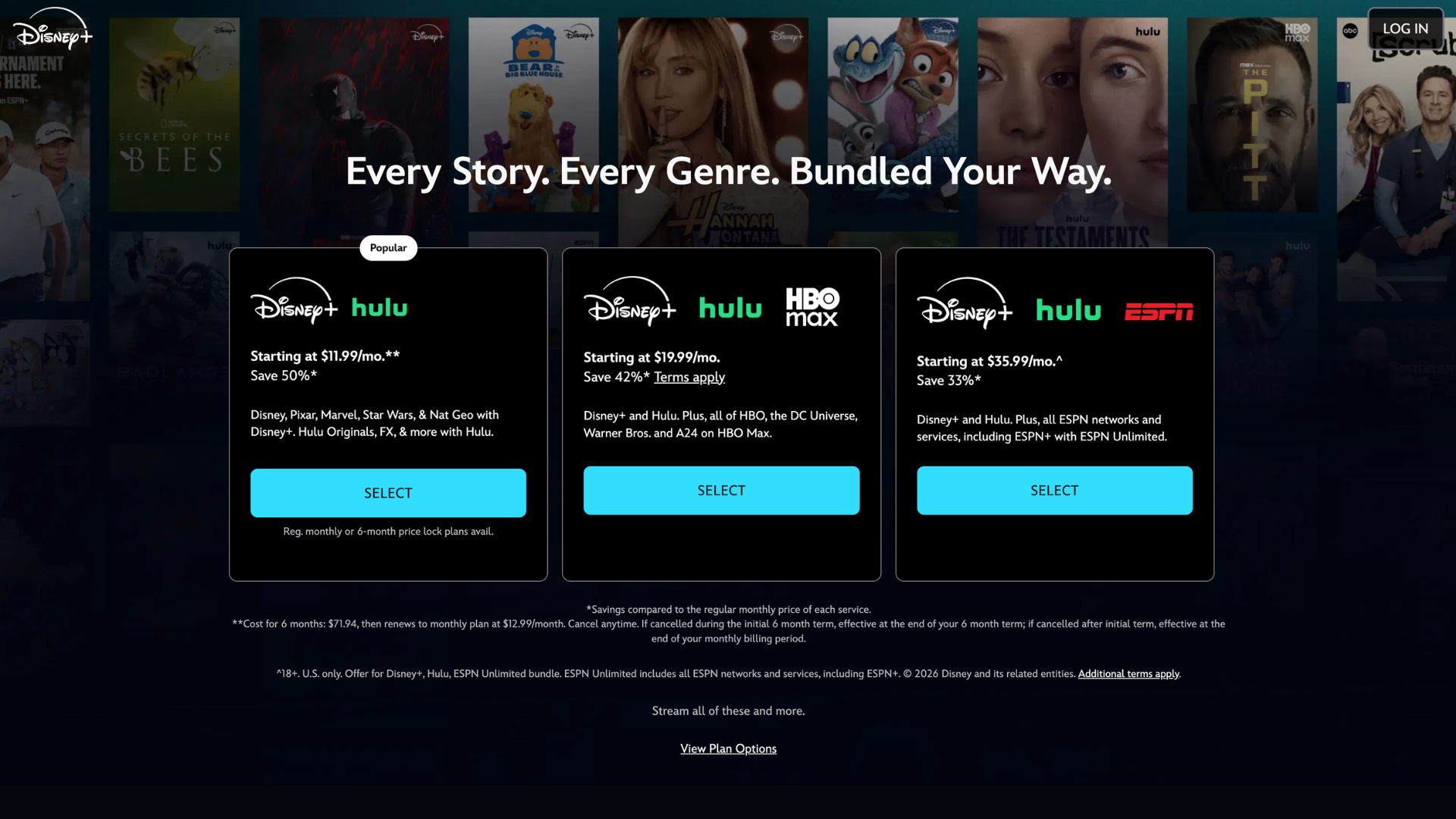 Pricing screen for Disney+ bundles showing ad-supported and premium family streaming options. Disney tends to be higher priced than Yippee TV