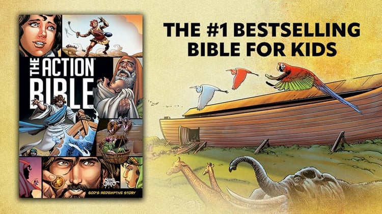 The Action Bible book cover featuring a collage of Sergio Cariello illustrations including David, Moses, Jesus, and Noah, next to Noah's Ark with animals boarding, and the tagline 'The #1 Bestselling Bible for Kids.'