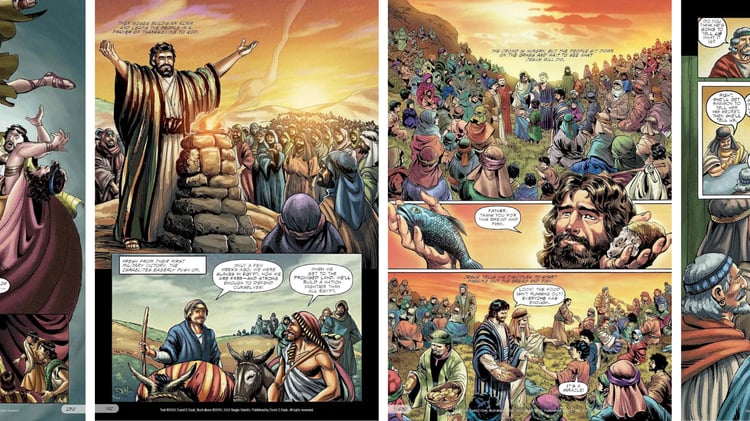 Interior spread from The Action Bible showing multiple illustrated pages, including Moses raising his hands in prayer at an altar with the Israelites, Jesus holding a fish as he prays over loaves and fish before feeding the crowd of 5,000, and disciples distributing food to a multitude with the exclamation 'It's a miracle!' Illustrated by Sergio Cariello, published by David C Cook.