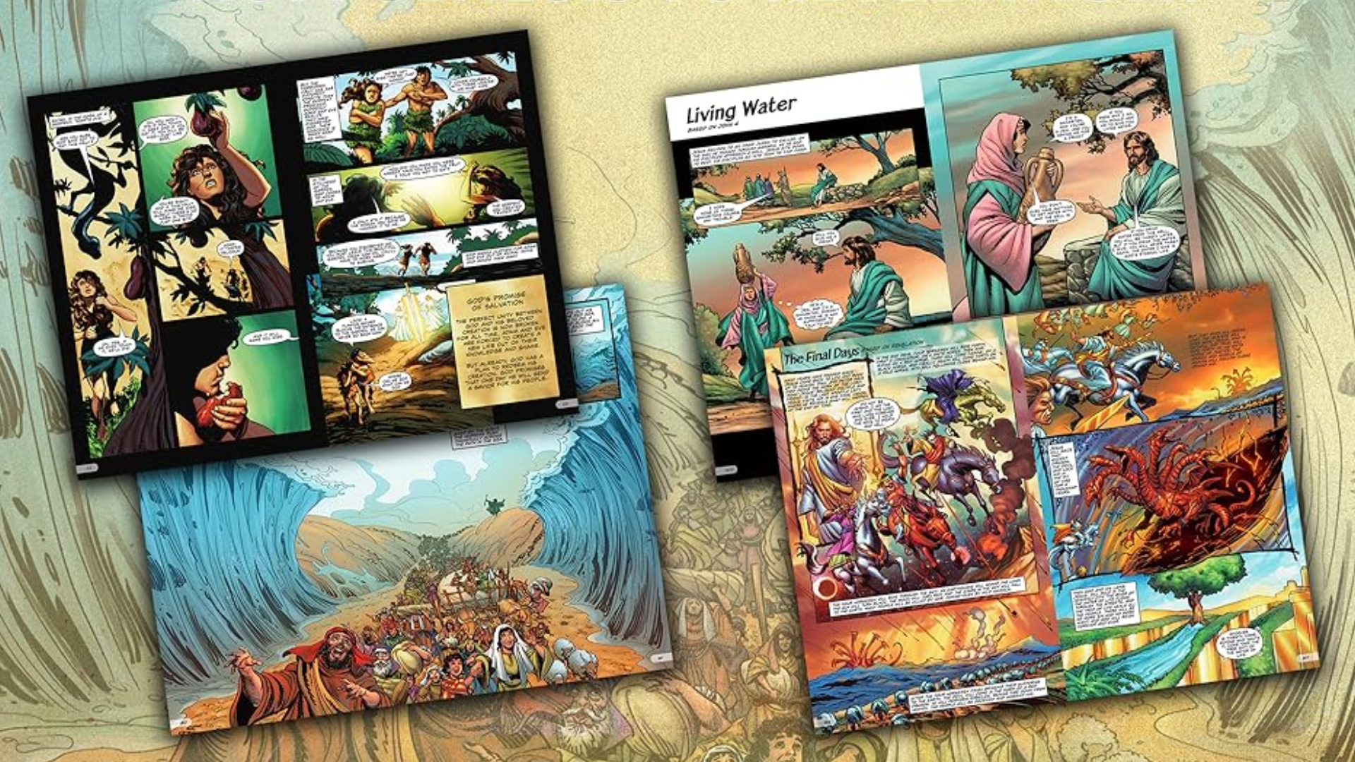 Comic-style pages from The Action Bible showing Adam and Eve, the Red Sea crossing, Jesus at the well, and end-times scenes, with the text From Genesis to Revelation!
