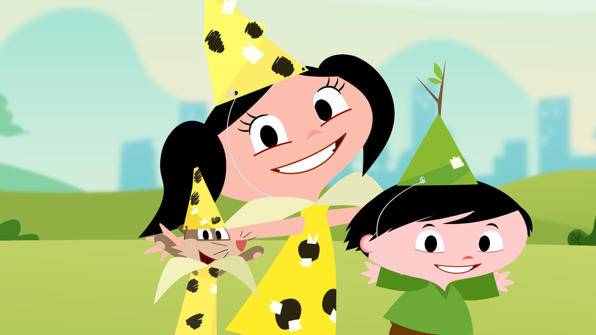 Animated characters Luna and her friends from Earth to Luna dressed in banana costumes, encouraging curiosity, imagination, and early science learning.