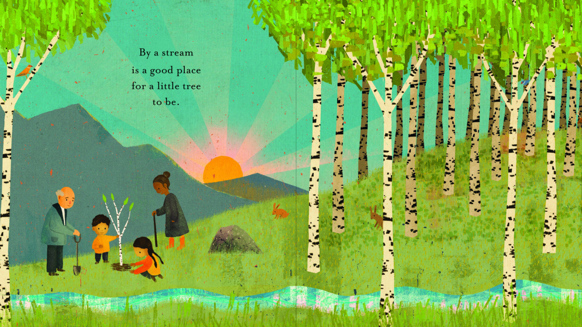 Illustration of children and grandparents planting a young tree beside a stream, with a thriving forest growing around them, symbolizing nurturing faith and spiritual growth.