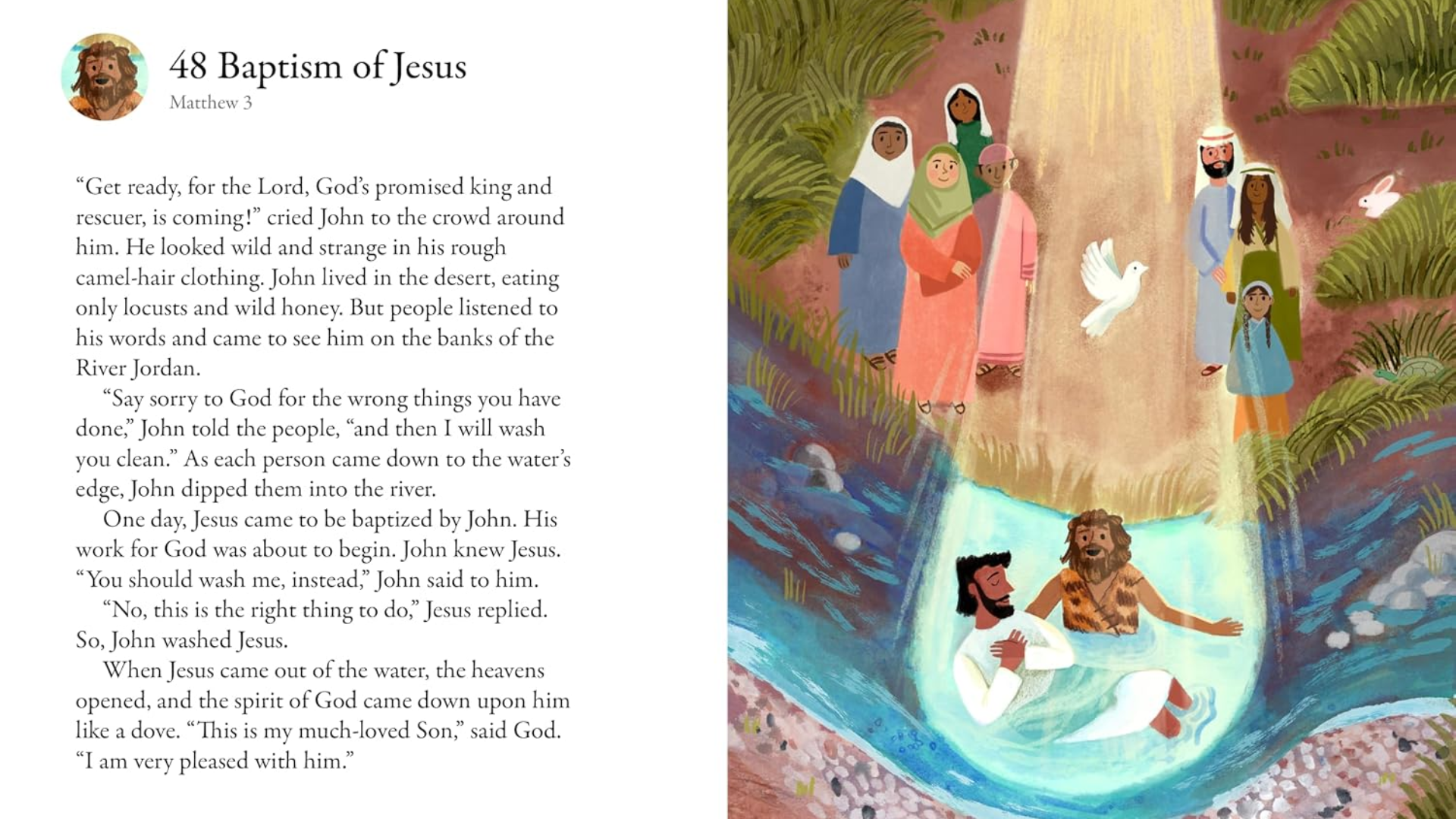 Children's Bible illustration of John the Baptist baptizing Jesus in the Jordan River as a dove descends from heaven and people watch from the riverbank.