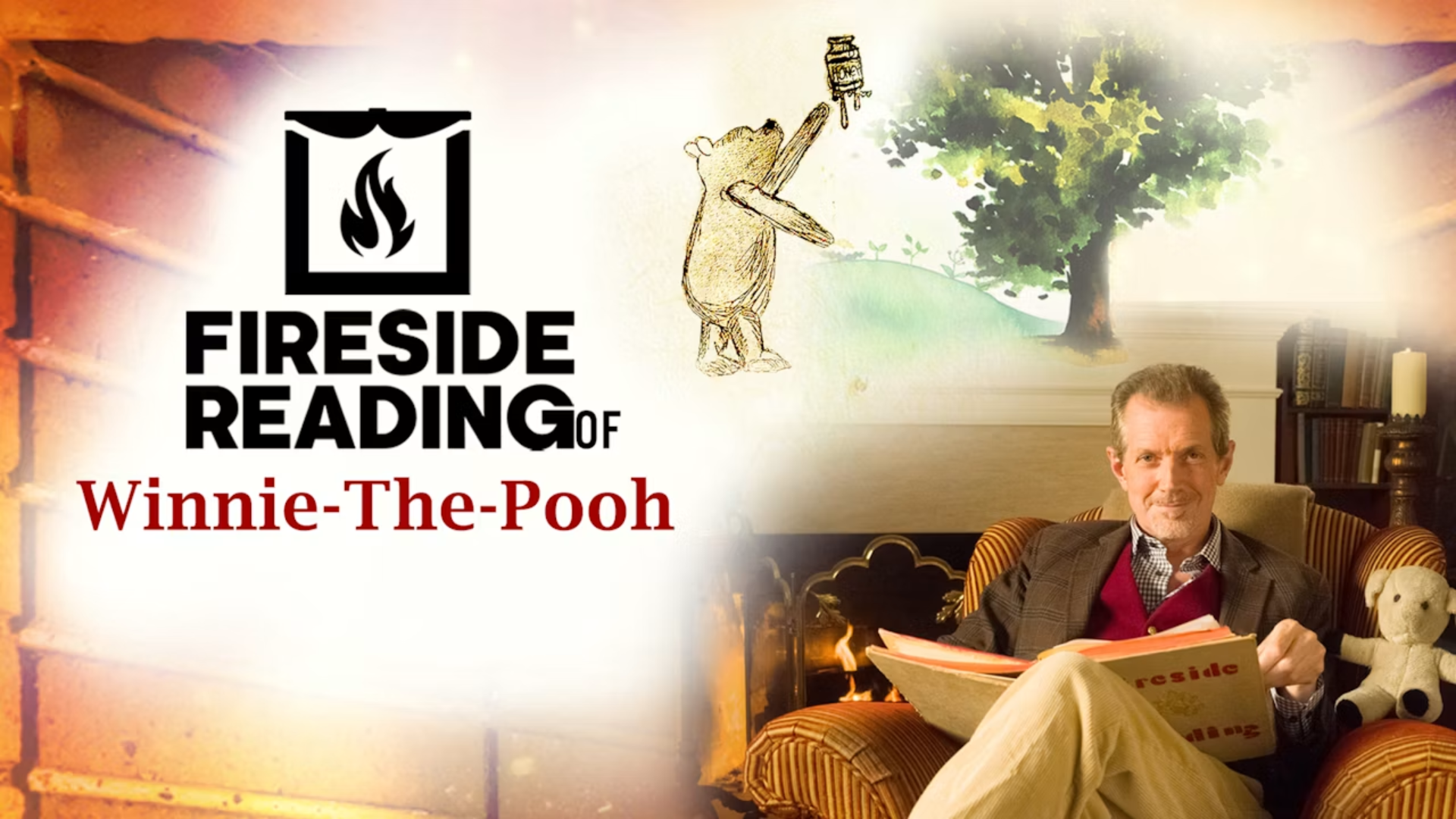 Fireside Reading of Winnie-the-Pooh title card showing narrator Gildart Jackson reading by a crackling fireplace with a teddy bear beside him — a cozy, low-stimulation audio storytelling show for toddlers on Yippee.
