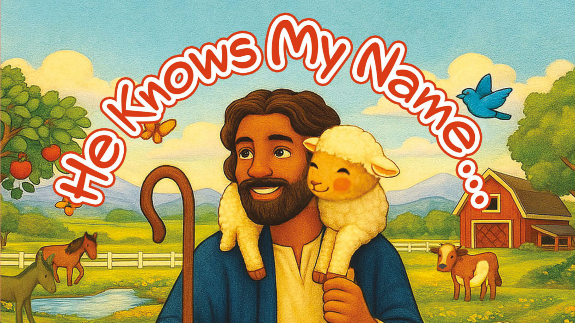 Storytime episode "He Knows My Name: The Shepherd & Me" by Tena Nance, showing Jesus as a shepherd holding lambs in a peaceful farm setting — a calming Christian show for toddlers on Yippee.