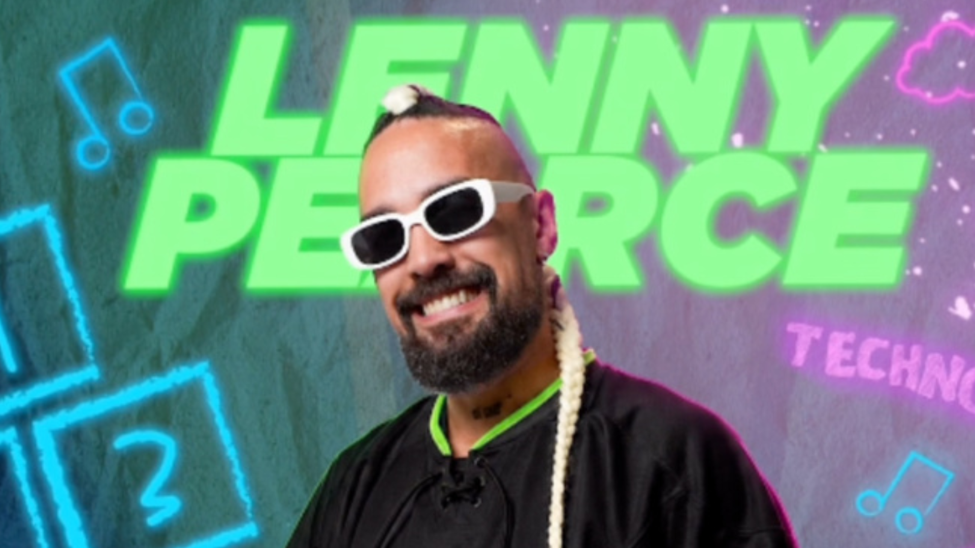 Lenny Pearce, the DJ behind Toddler Techno, smiling in a black jacket with white sunglasses against a colorful techno-themed background