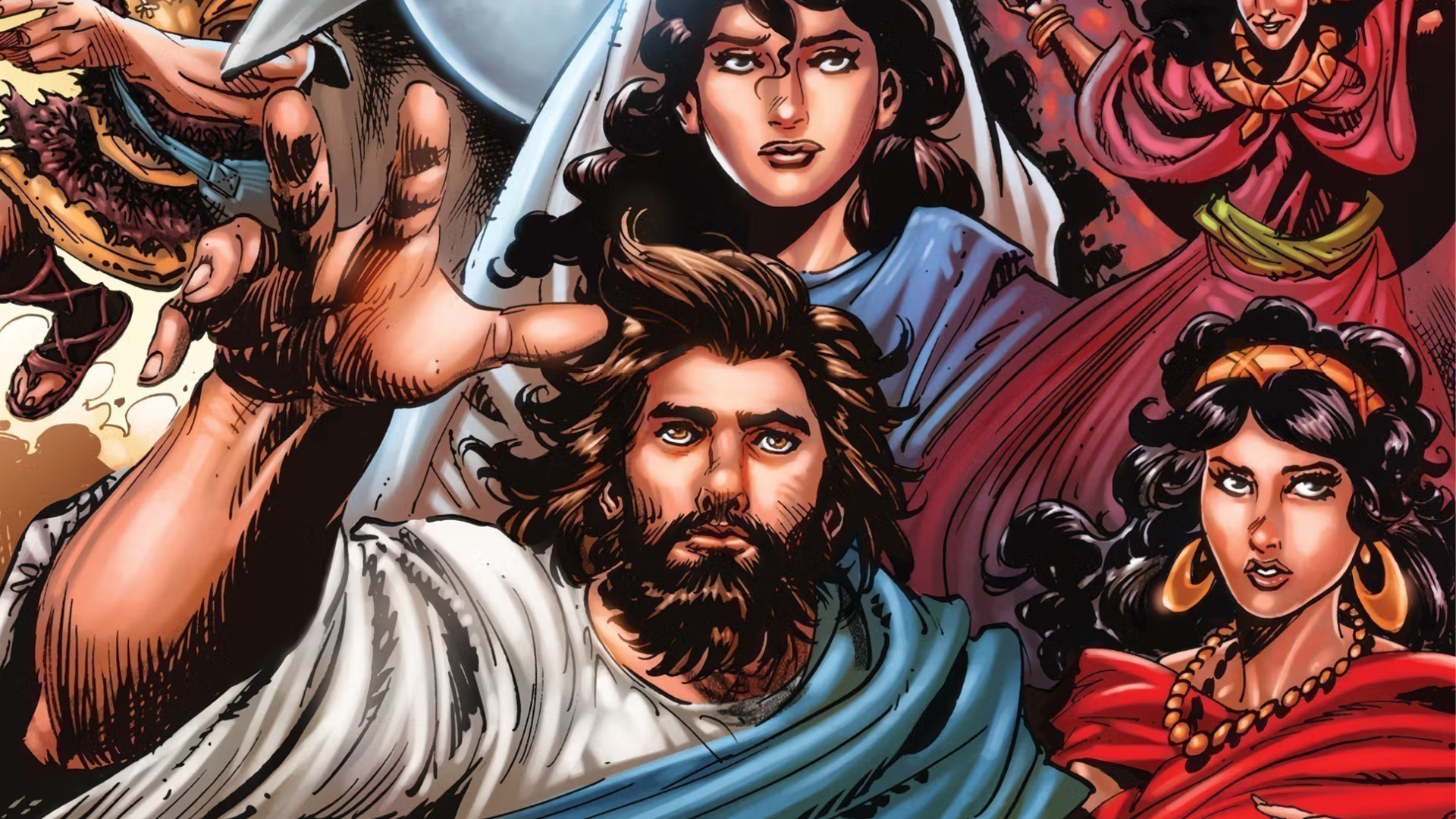 Close-up comic illustration from The Action Bible of a bearded man reaching out with several women and figures behind him, showcasing Sergio Cariello's detailed character art.