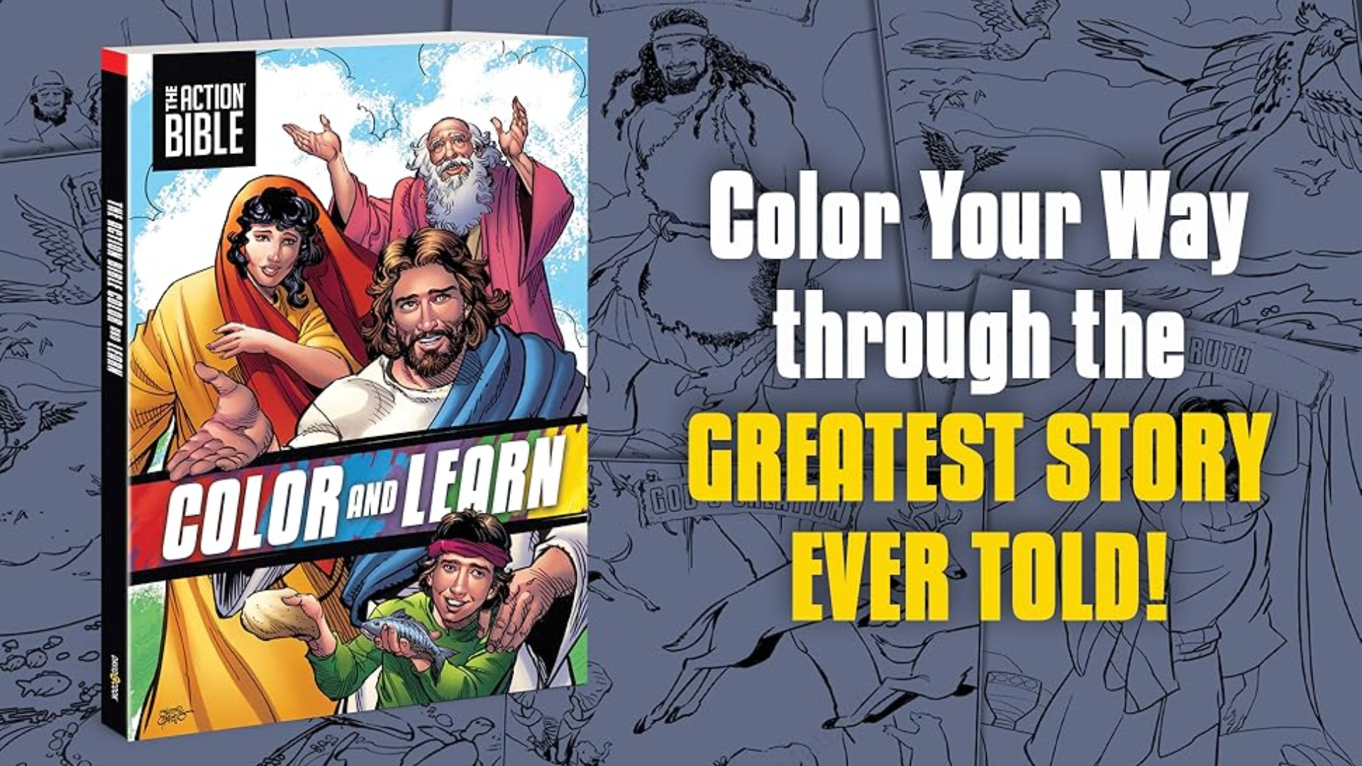 The Action Bible Color and Learn book cover featuring comic-style illustrations of biblical figures including Jesus, Moses, and a young David, with the tagline "Color Your Way through the Greatest Story Ever Told