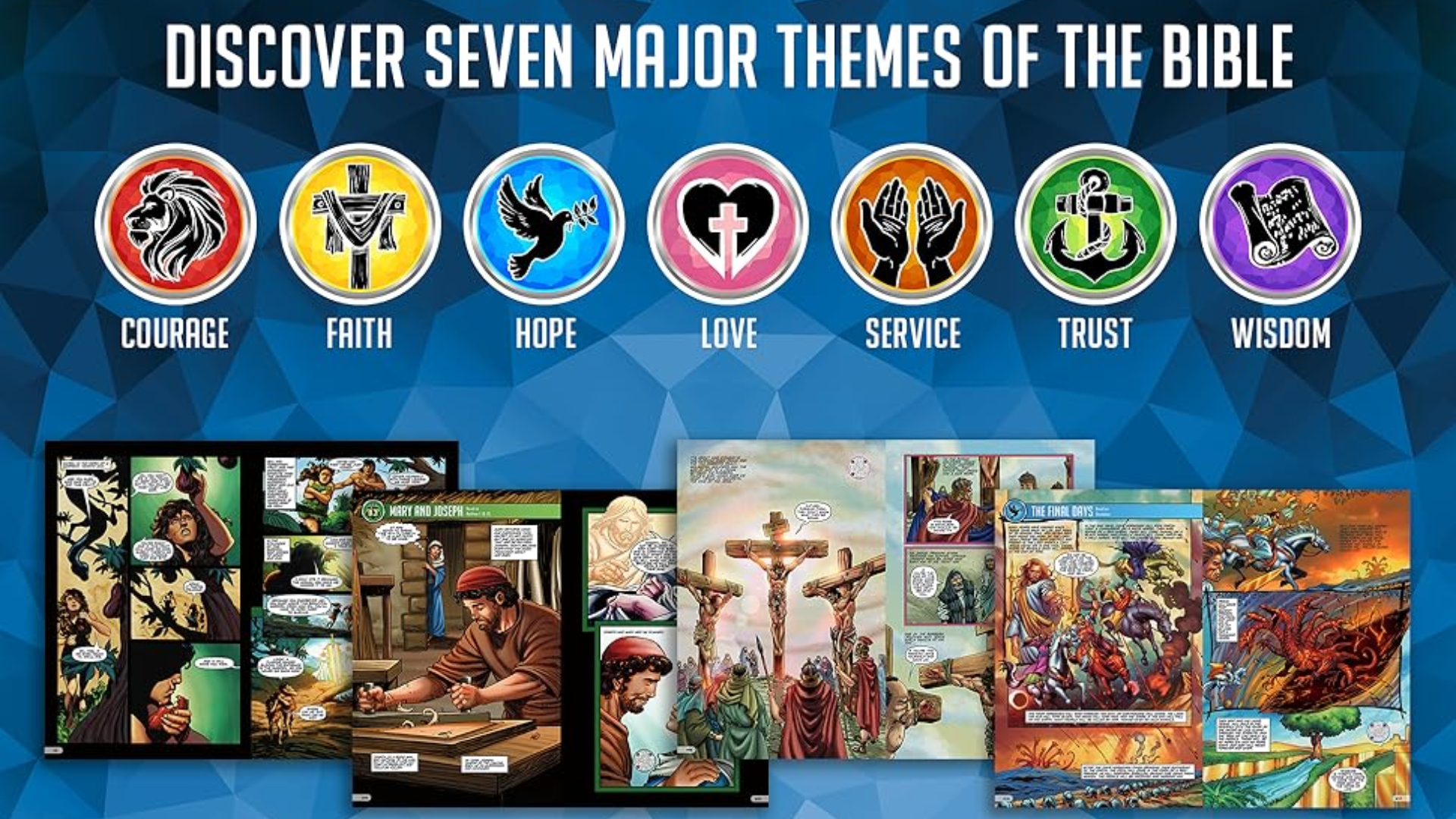 Graphic showing seven major Bible themes from The Action Bible — Courage, Faith, Hope, Love, Service, Trust, and Wisdom — represented by colorful circular icons, with sample interior comic-style pages displayed below including scenes of Mary and Joseph, the crucifixion, and the Final Days