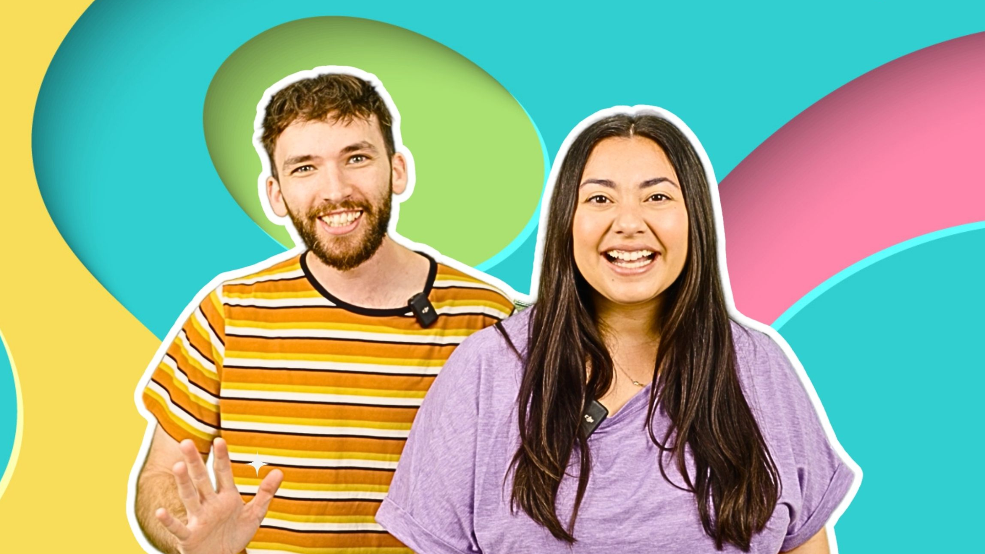 Chosen Kids hosts Sydney and Tony smiling in front of a colorful background for a song and dance music video on Yippee