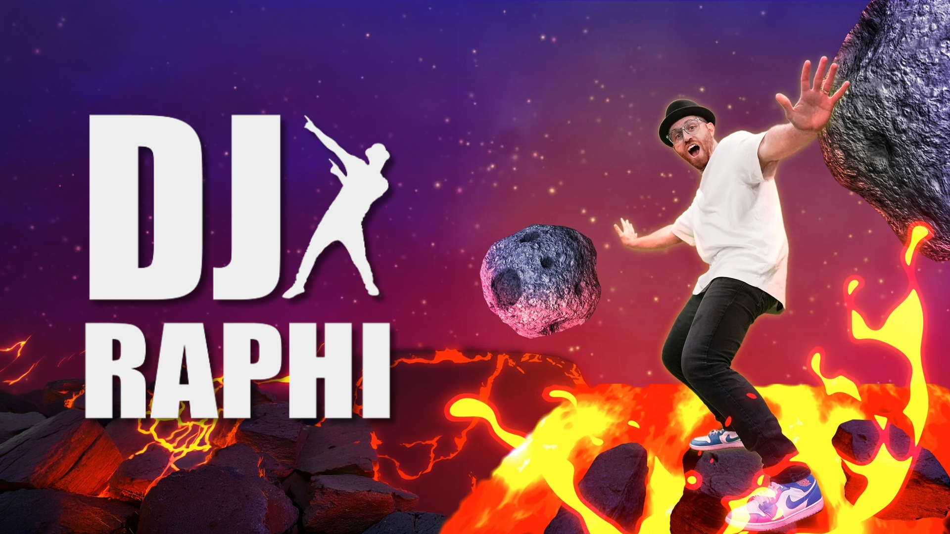 DJ Raphi thumbnail for the Floor is Lava dance song, dodging asteroids while leaping over glowing lava rocks