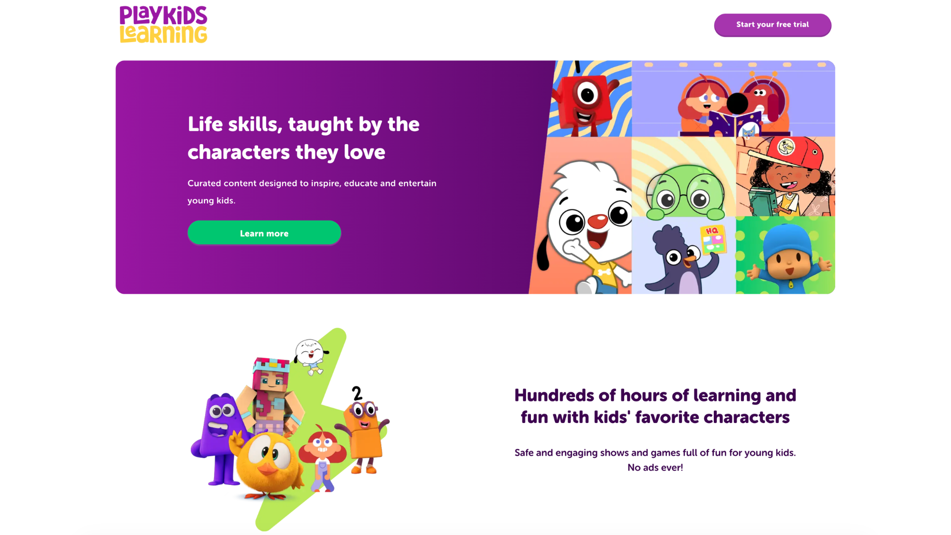 PlayKids Learning app showcasing educational cartoons and kids entertainment.