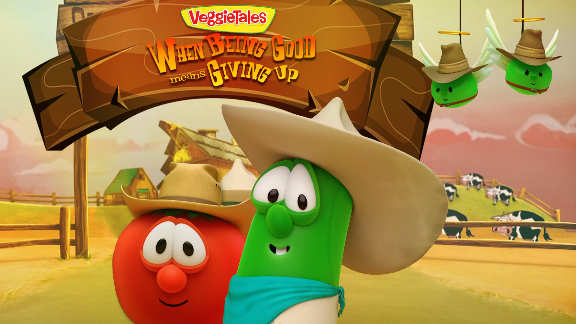 Bob the Tomato and Larry the Cucumber from VeggieTales wearing cowboy hats in a western-themed scene from the episode “When Being Good Means Giving Up.”