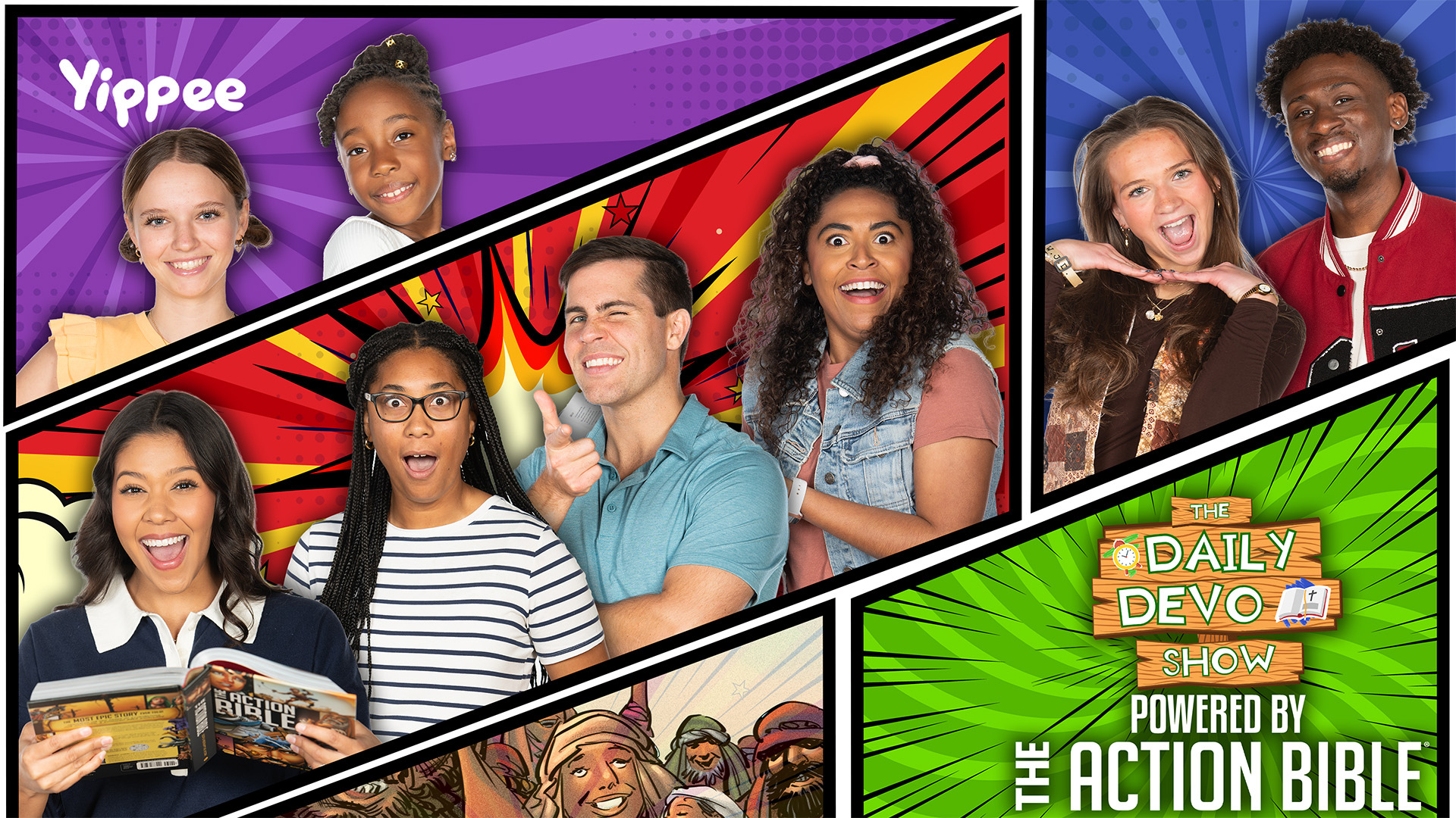 The Daily Devo Show powered by The Action Bible on Yippee with energetic hosts and comic-inspired artwork.